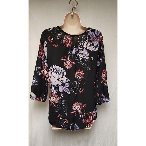 Maurices Floral 3/4 Sleeve V Neck Criss Cross Sheer Chiffon Black Blouse Size XS - Picture 4 of 8